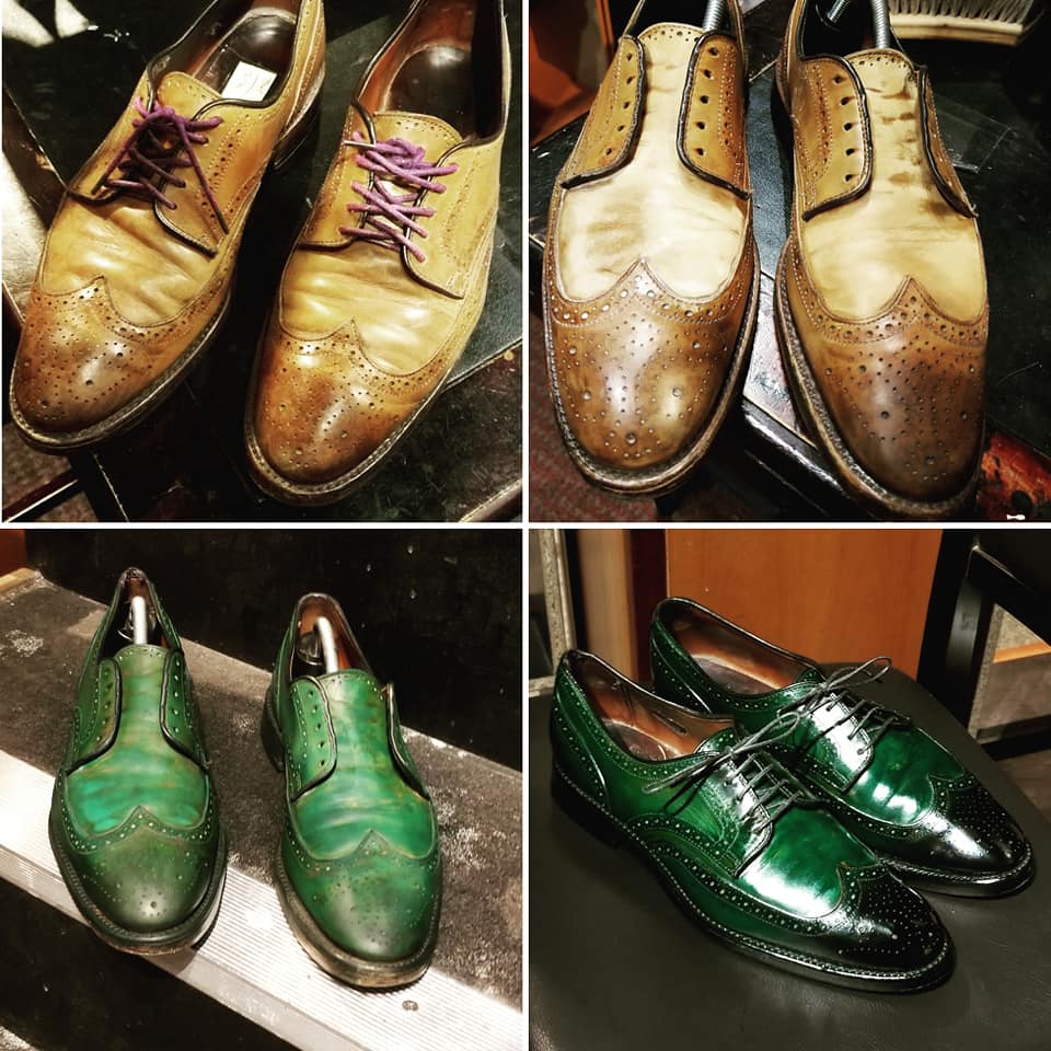 Before and After Allen Edmonds with an oil spot dyed Green with a burnished toe
