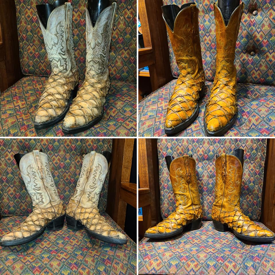 Before and After - Pirarucu Fish Cowboy boot restore -